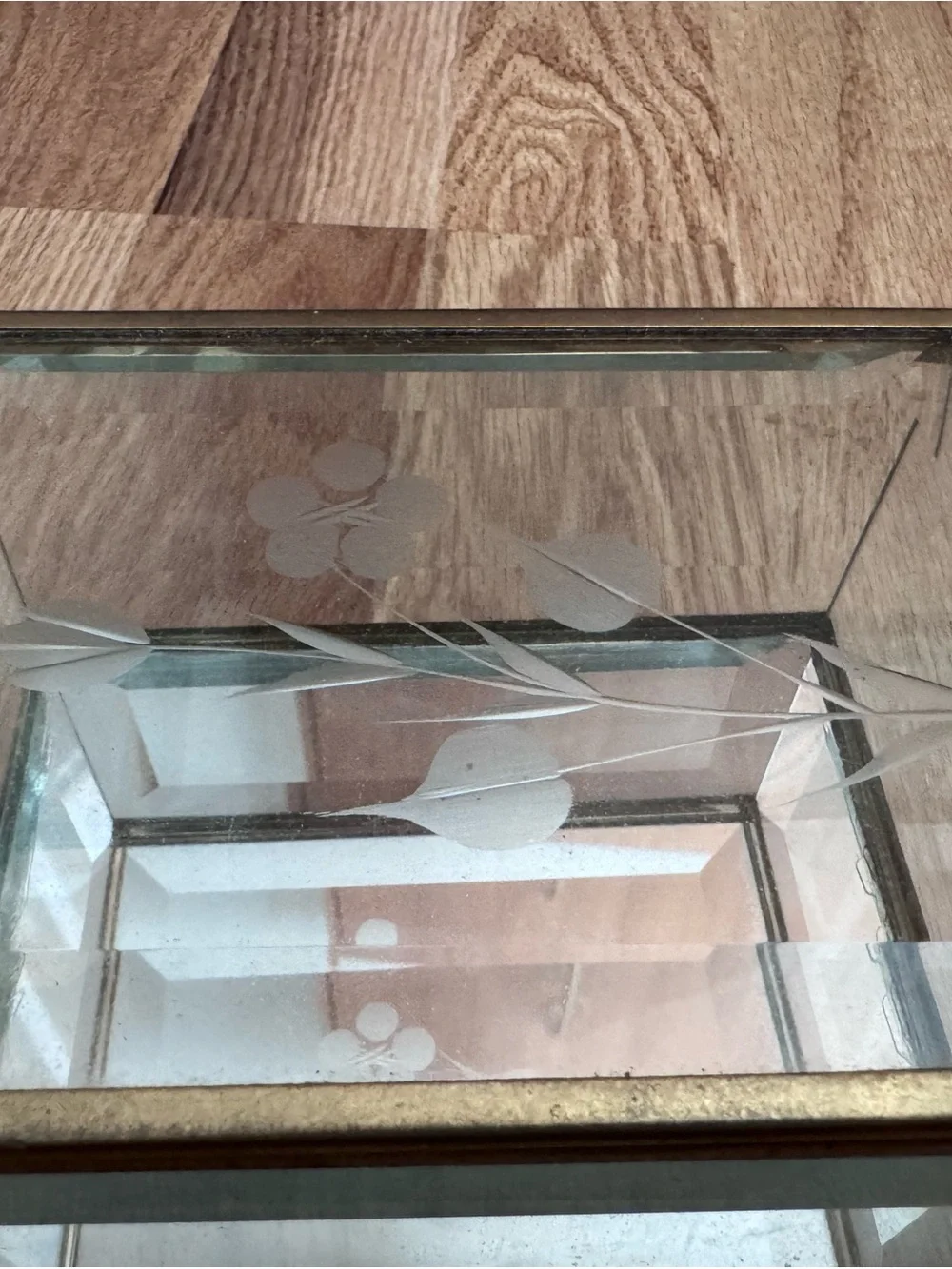 Vintage Crystal Glass Jewelry Box with Etched Flower Design and Brass Trim